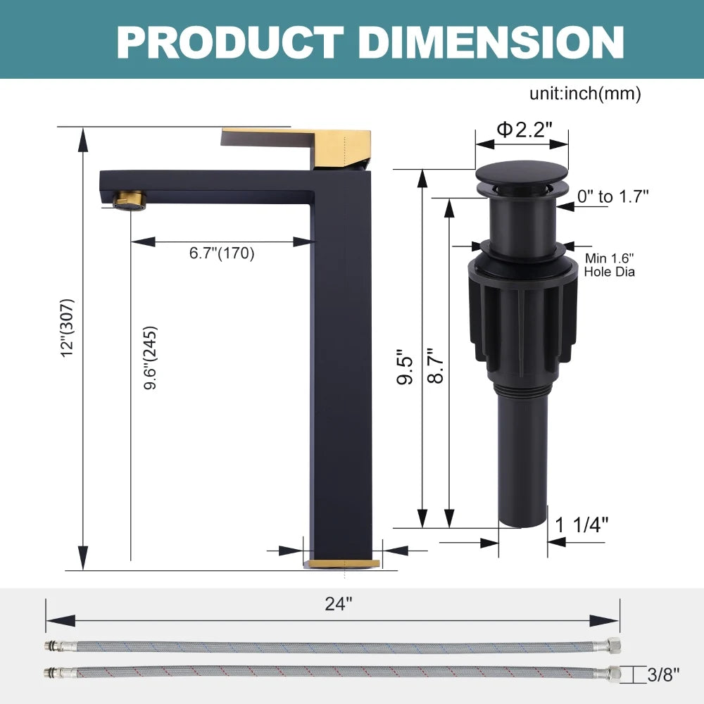Bathroom Washbasin Faucet Deck Mounted Single Hole Basin Mixer Tap,Square 304 Stainless Steel Black Gold Basin Sink Faucet - Daisan Mart