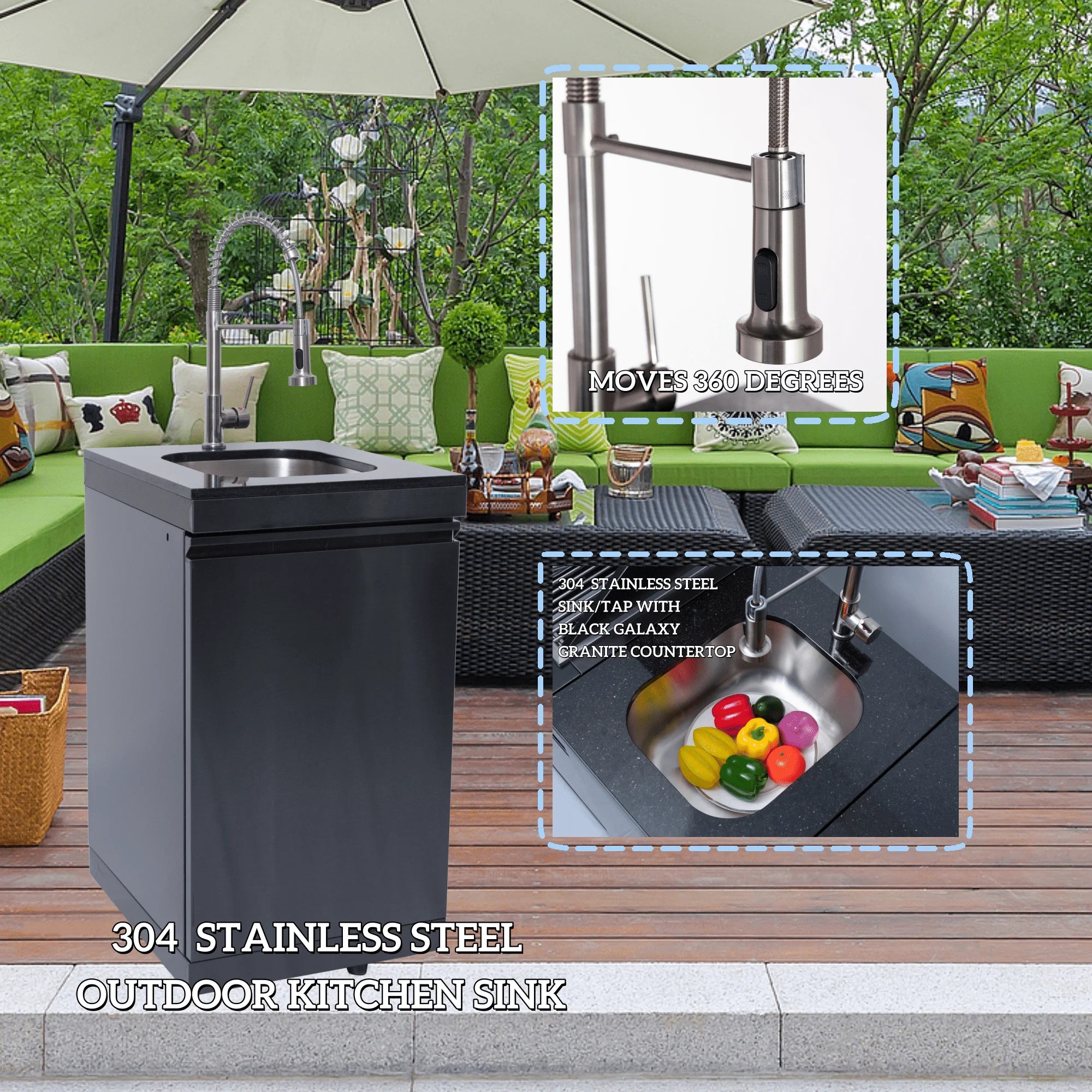 Black 304 Stainless Steel Outdoor Kitchen Cabinet with Grill &amp; Refrigerator