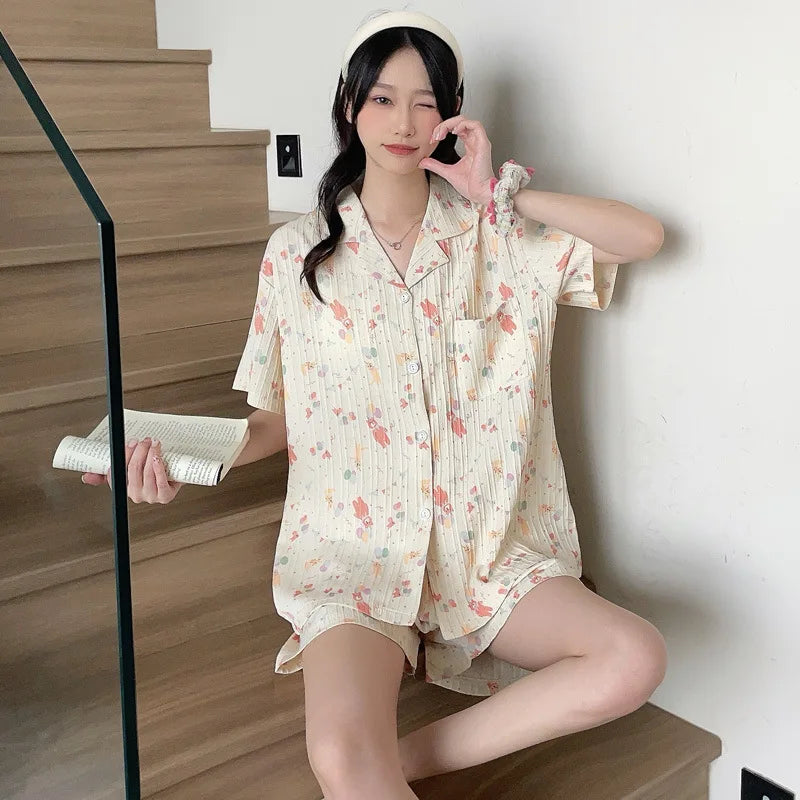 Bộ Đồ Ngủ Nữ Hè Cotton Kẻ Sọc Nơ Dễ Thương