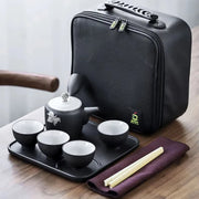 Japanese Style Travel Ceramic Tea Set with Carrying Bag