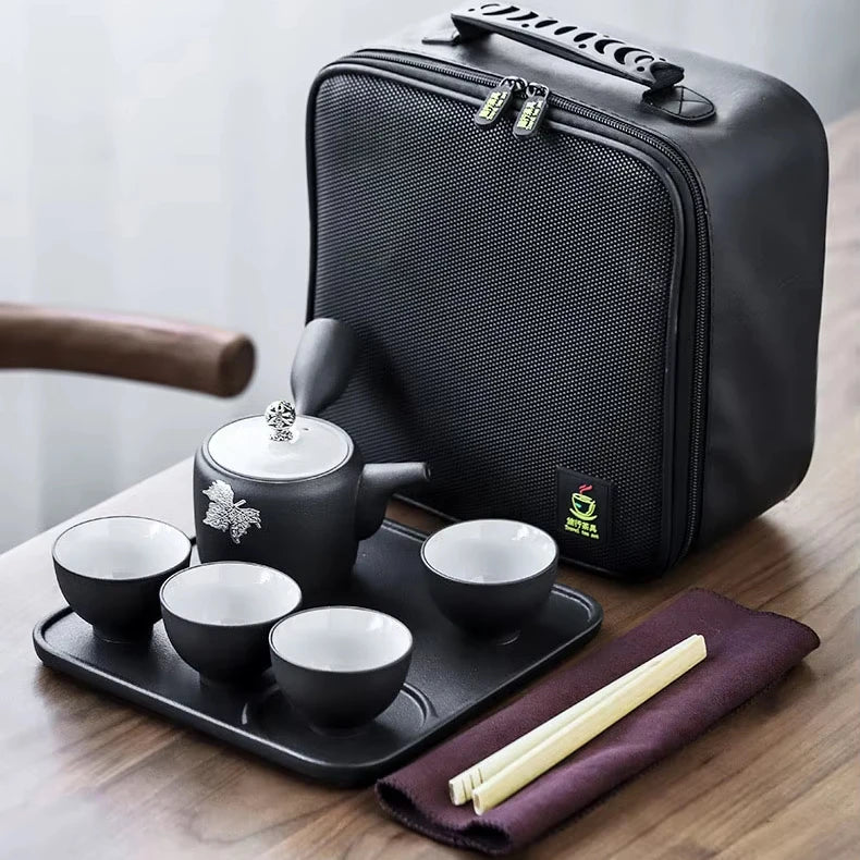 Japanese Style Travel Ceramic Tea Set with Carrying Bag