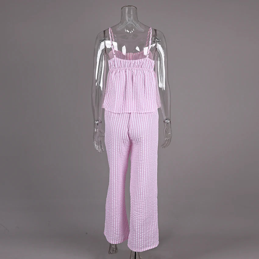 QINSI Women's Cute Sleeveless Ruffle Striped Pajamas Set