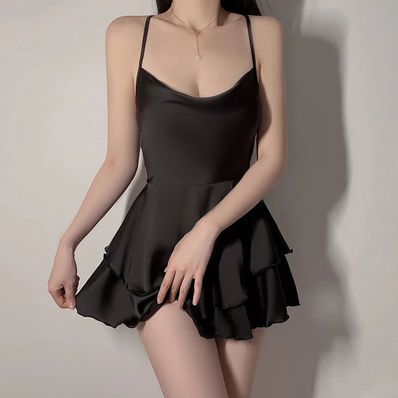 Sexy 2-Layer Silk Dress with Sexy Straps, Solid Color