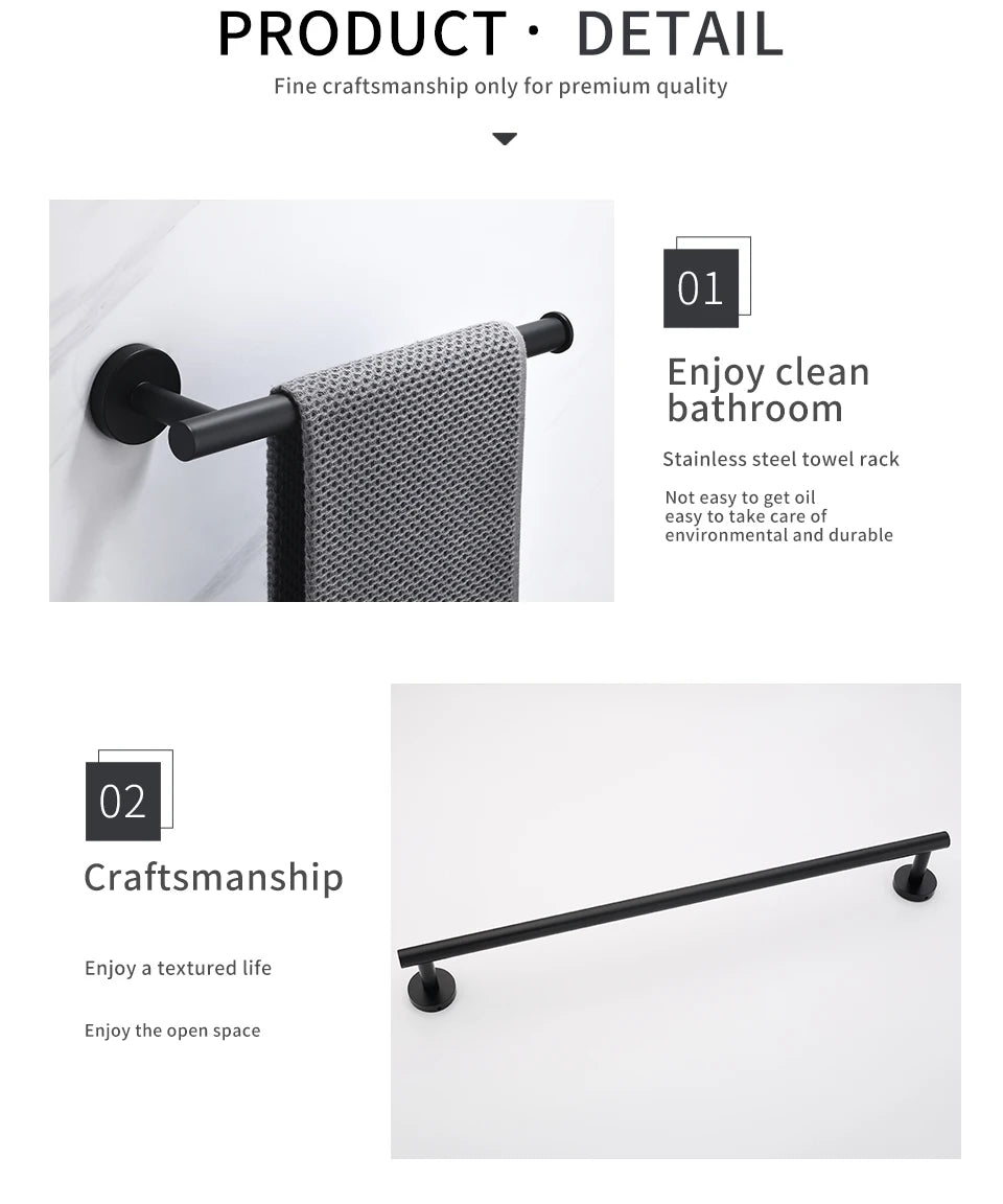 Black Wall-mounted Black Stainless Steel Towel Rack Set Towel Bar Toilet Paper Holder Robe Towel Hooks Bathroom  Accessories Kit - Daisan Mart