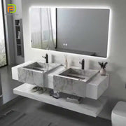 European style sintered marble double sink wall mounted washbasin cabinet with mirror 