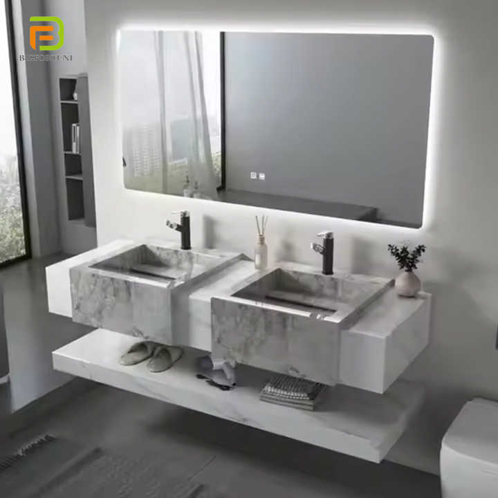 European style sintered marble double sink wall mounted washbasin cabinet with mirror 
