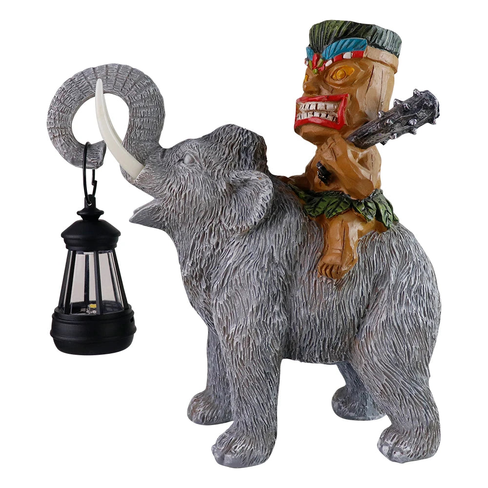 US Stock Tiki Man Riding Elephant with Lantern Resin Craft Ornament, Outdoor Garden Decor - Daisan Mart