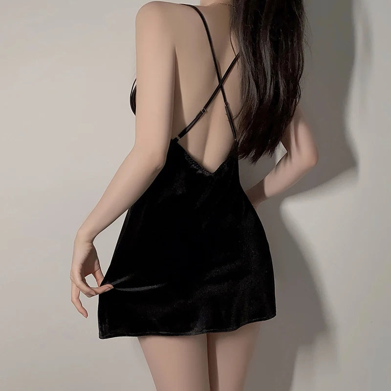 Sexy French Velvet Nightgown with Padded Straps, Half Sleeves, Spring Autumn