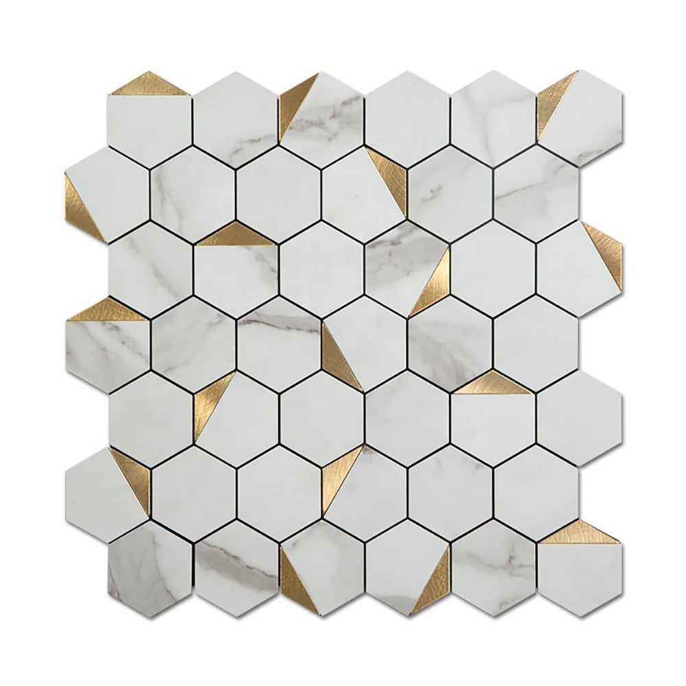 Self-adhesive white hexagon mosaic wall tiles made of aluminum composite plastic 