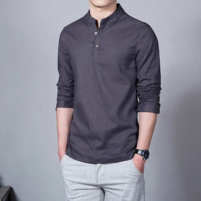 Men's Spring Long Sleeve Stand Collar Linen Fashion Shirt