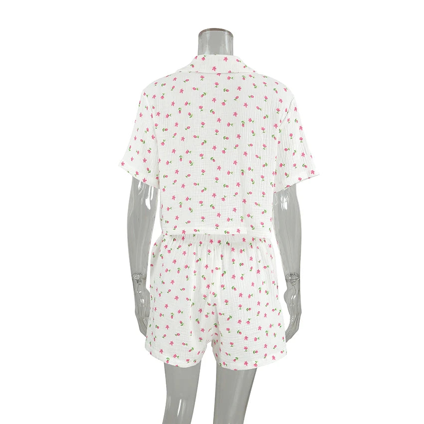 QINSI New Print Loungewear Women Sets Cotton Turn Down Short Sleeves Top Shorts Sets for Women Two Pieces Casual Pijamas Woman