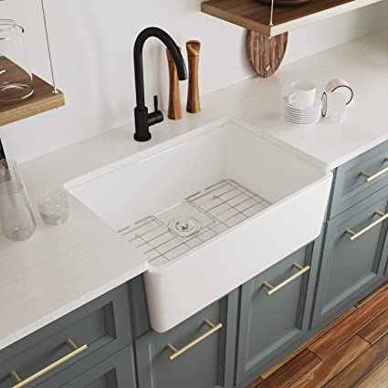 24 Inch White Farmhouse Sink with Bottom Grate and Strainer, Apron Sink, Single Ceramic Sink, Small Kitchen Sink 