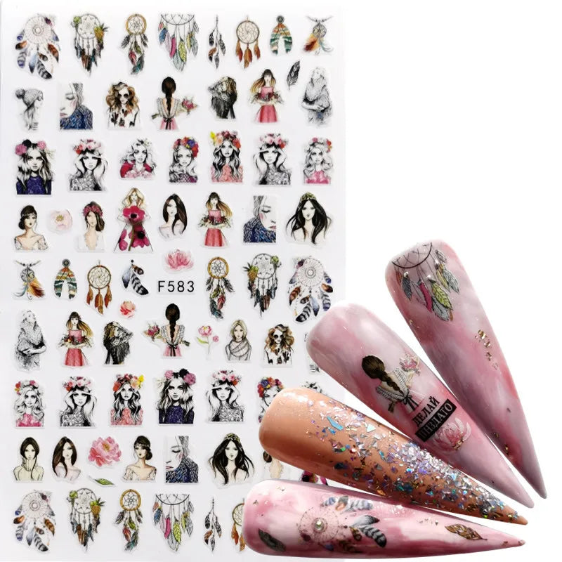 3D美甲貼紙 黑色俄羅斯字母貼紙 火烈鳥設計 黏性美甲貼片 美甲裝飾