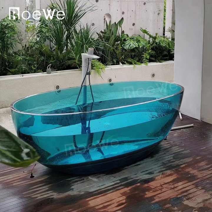 Royal Blue Crystal Clear Stone Resin Bathtub Solid Surface Transparent Bathroom Soaking Tub Transparent Freestanding Hot Tub 