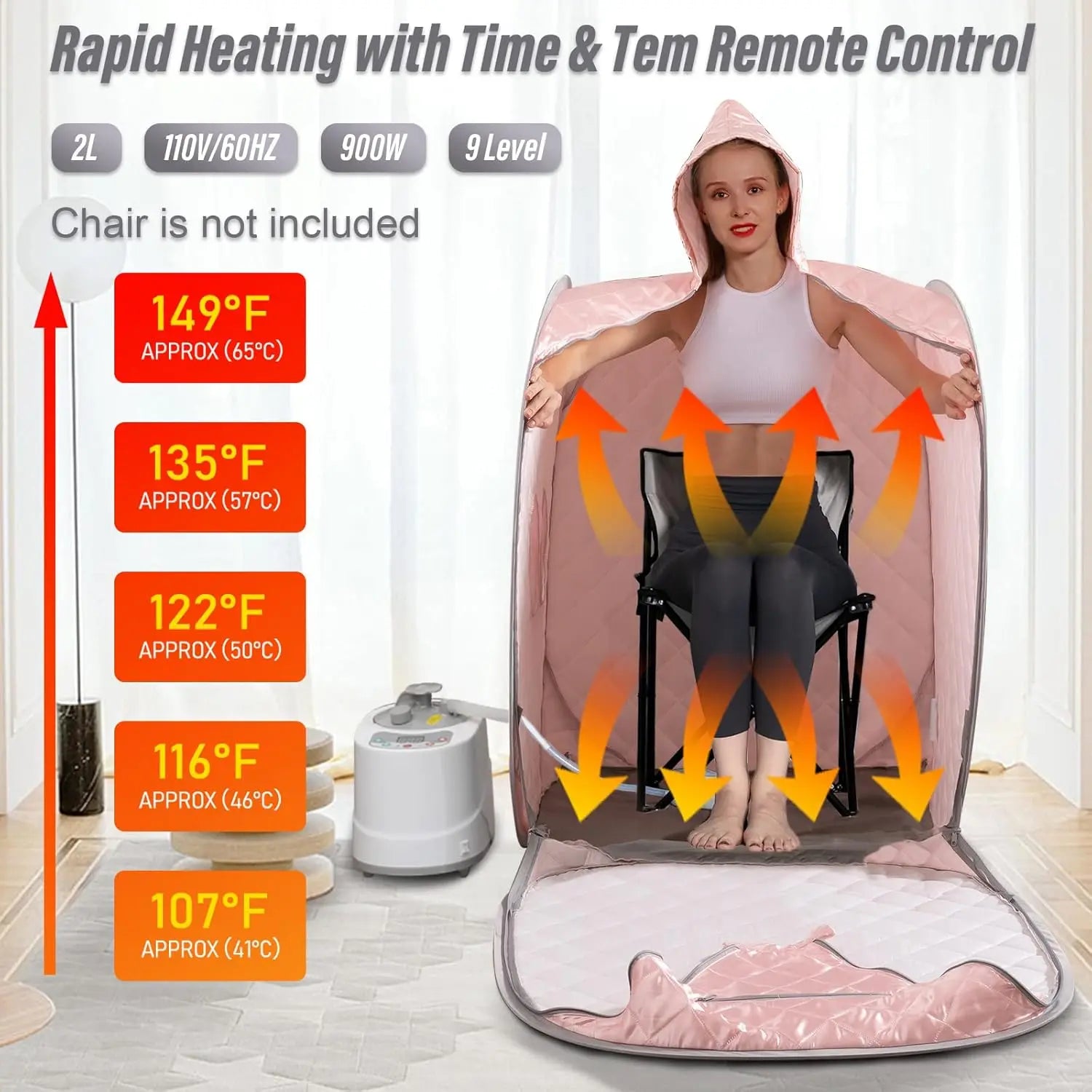 Smartmak Pink Full Body Portable Sauna Kit Includes 2L Steamer with Remote Control for Detox US Plug