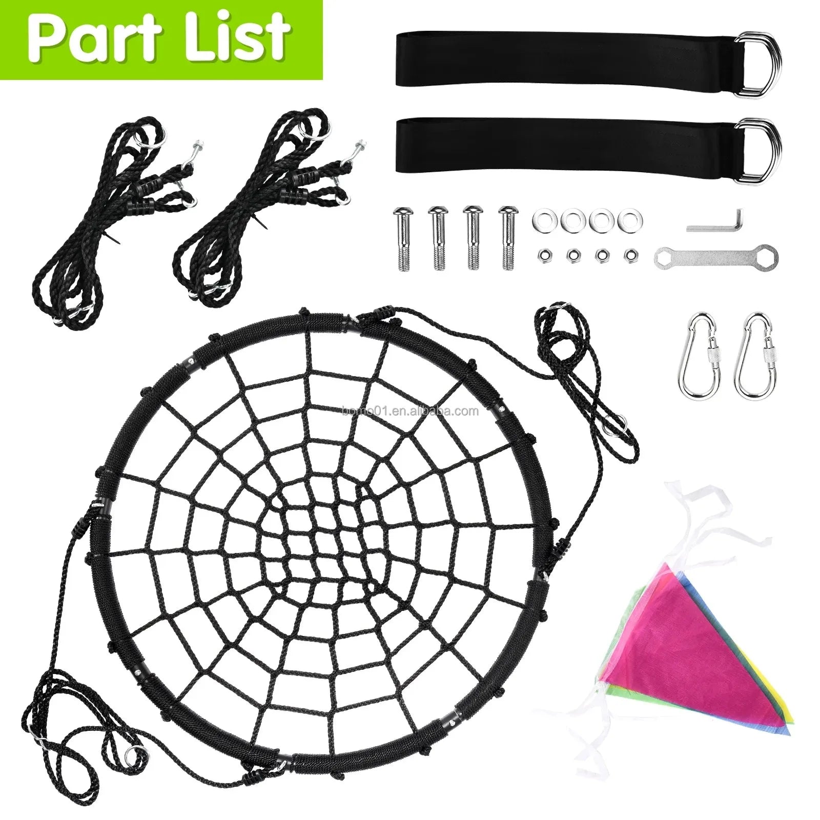 Bộ phụ kiện xích đu lưới tròn đen, dây đen, bu lông, vòng kim loại, carabiner và cờ màu sắc.