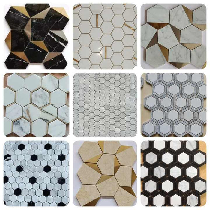 Hexagon mosaic tiles blue glass and marble floor wall tiles stone mosaic tiles for wall decoration / home decoration 