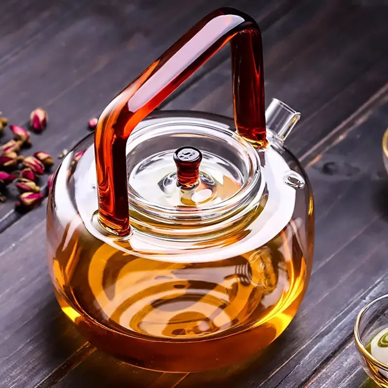 Ấm Pha Trà Thủy Tinh 650ml Tay Cầm Đỏ Chịu Nhiệt
