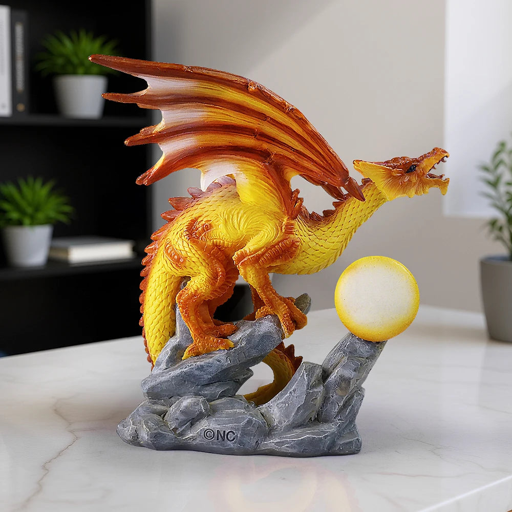 US Stock Fire Dragon with Flaming Ball Resin Figurine, Mythical Creature Home Decor - Daisan Mart