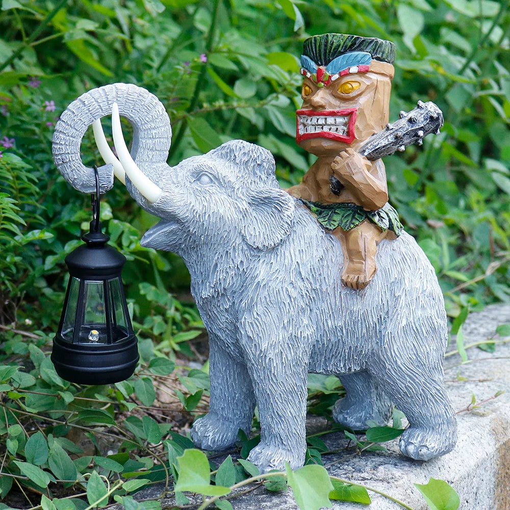 Tiki-Themed Resin Elephant Statue Lantern-Adorned Figurine Artful Garden Outdoor Display Home Decor Animal Flower Rabbit