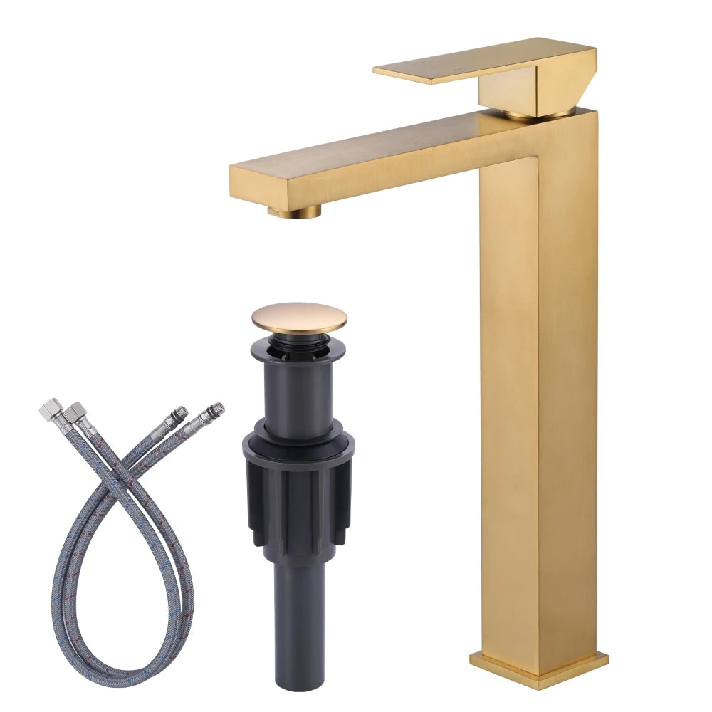 Modern Square Stainless Steel High Rise Washbasin Mixer Faucet Ceramic Brushed Gold Hot Sale Bathroom Basin Faucet