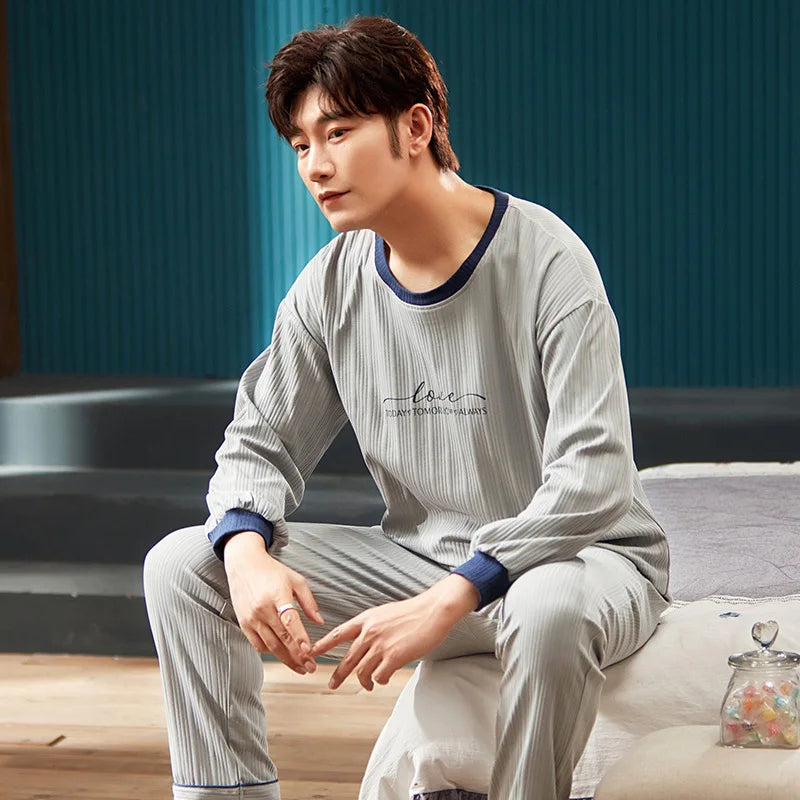 Men's Autumn Winter Cartoon Warm Striped Pajama Set