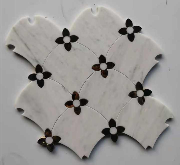 Modern design 3D mosaic tiles for villa pool floor waterjet cut glass and marble mixed for hotel interior wall 