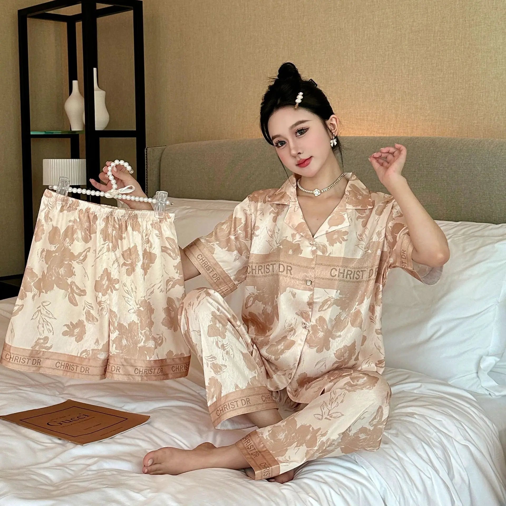 Sweet and Luxurious Floral 3-Piece Women's Silk Pajamas Set