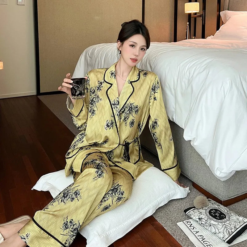 Women's Silk Pajama Set Fall 2024, Left-Hand Print Blue Collar