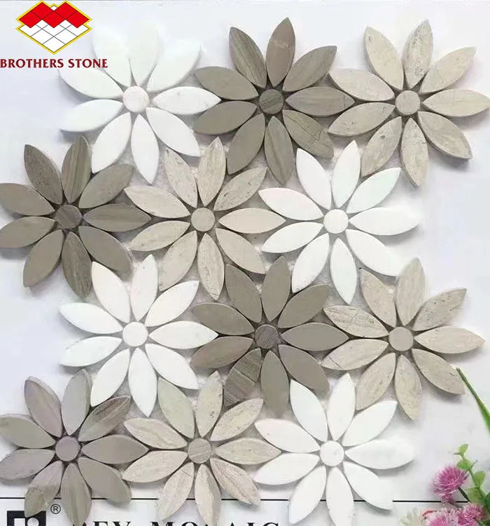 Modern Brown White Waterjet Flower Shape Marble Stone Mosaic Daisy Pattern Backsplash for Interior Wall Graphic Design Wall - Daisan Mart