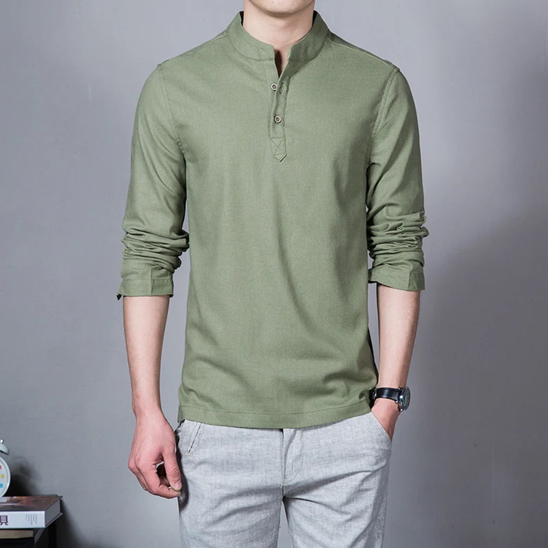 Men's Spring Long Sleeve Stand Collar Linen Fashion Shirt