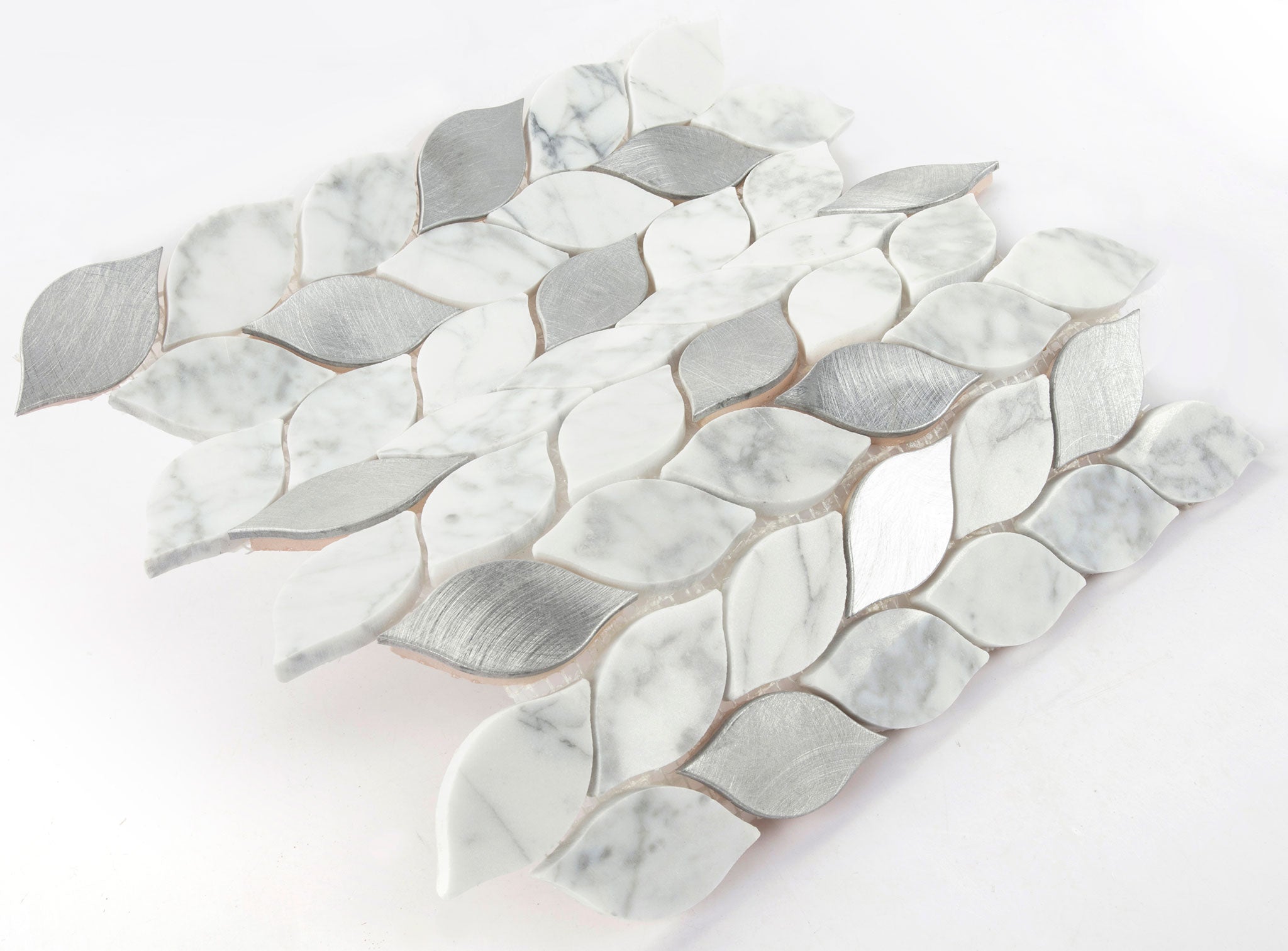 Exquisite white stone wall decoration mosaic tiles, marble style, small leaves, mixed metal, wholesale China 
