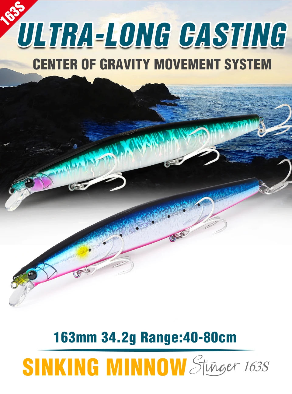 TSURINOYA 34.2g STINGER 163S Sinking Minnow 163mm Sea Fishing Lure Hard Artificial Pike Fishing Baits Tackle DW119