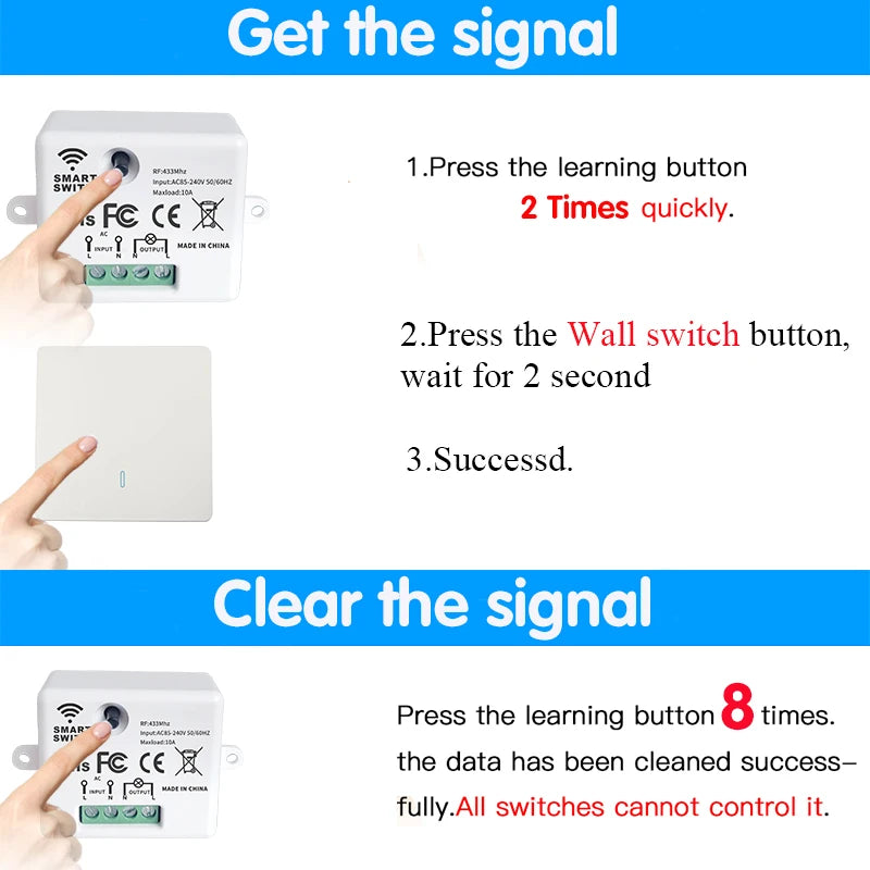 Wireless RF Smart Light Wall Switch with Remote Control Touch Wall Panel Mini Relay Receiver 110V 220V 10A (inlude battery)