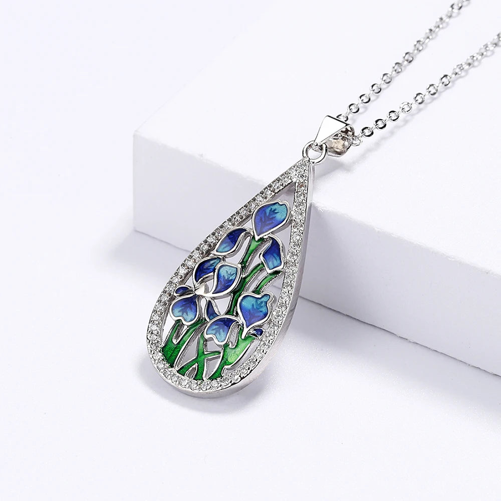 925 Sterling Silver Women's Necklace with Handcrafted Enamel Blue Flowers