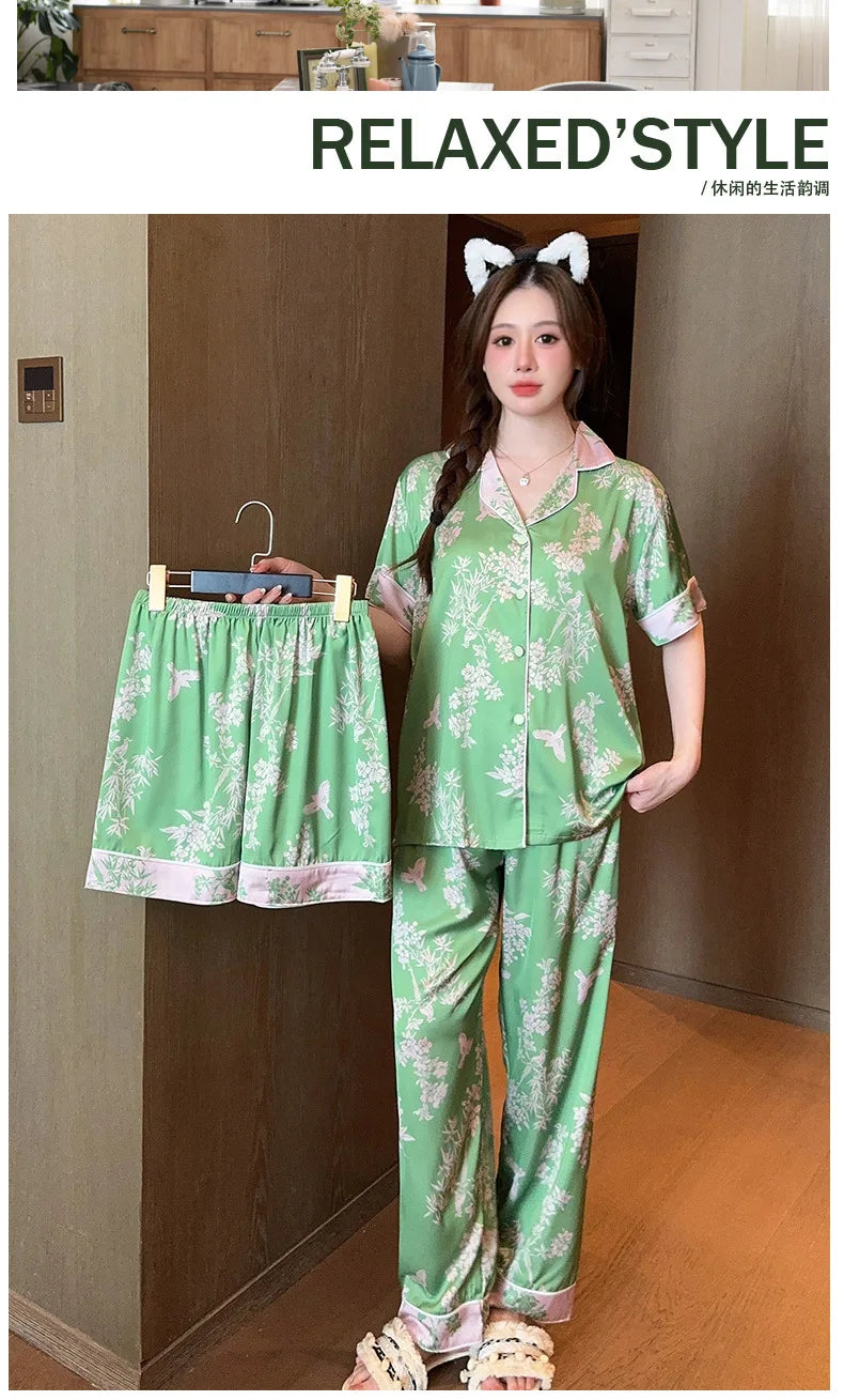 Bộ Đồ Ngủ Lụa Nhân Tạo Mùa Xuân Hè Thanh Lịch