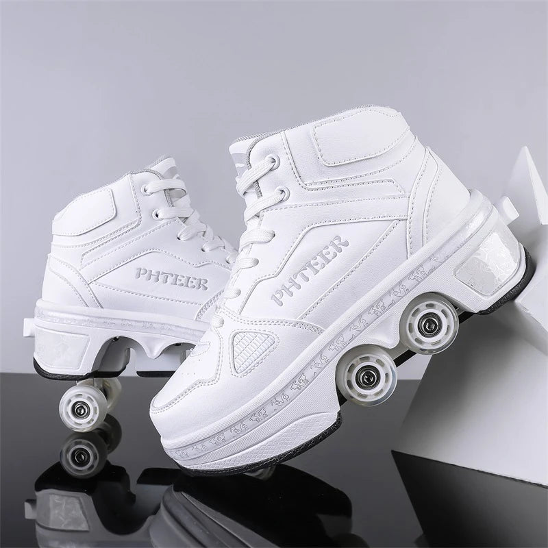 Unisex Detachable Dual Purpose Roller Skate Shoes, Outdoor Fashionable Skateboarding Shoes, White/Pink Casual Sneakers