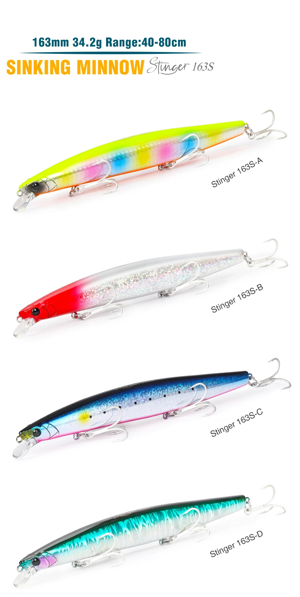 TSURINOYA 34.2g STINGER 163S Sinking Minnow 163mm Sea Fishing Lure Hard Artificial Pike Fishing Baits Tackle DW119