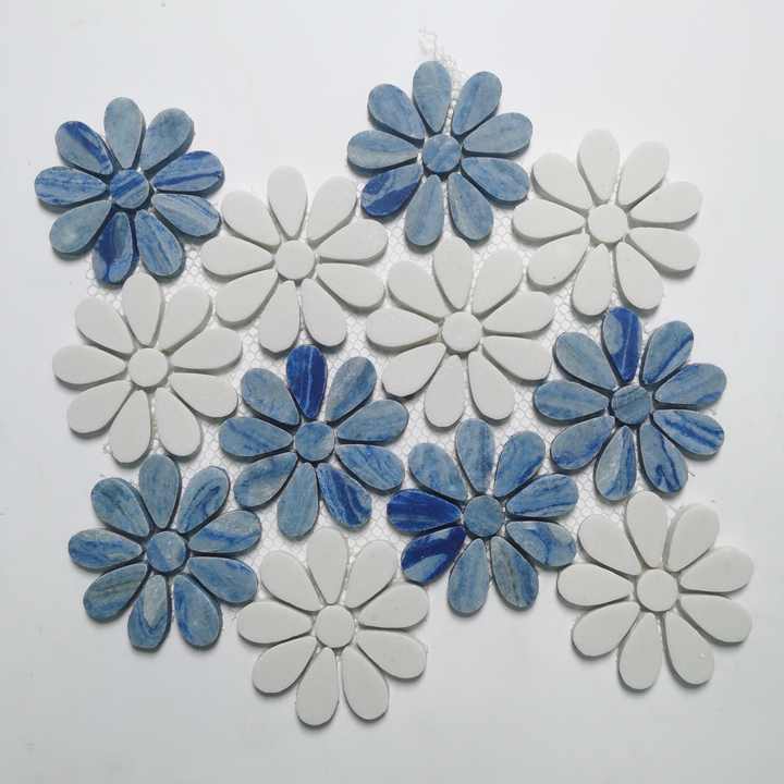 OMK Blue Custom Resin Flower Marble Mosaic Yellow Kitchen Wall Tiles for Hotel Bathroom 