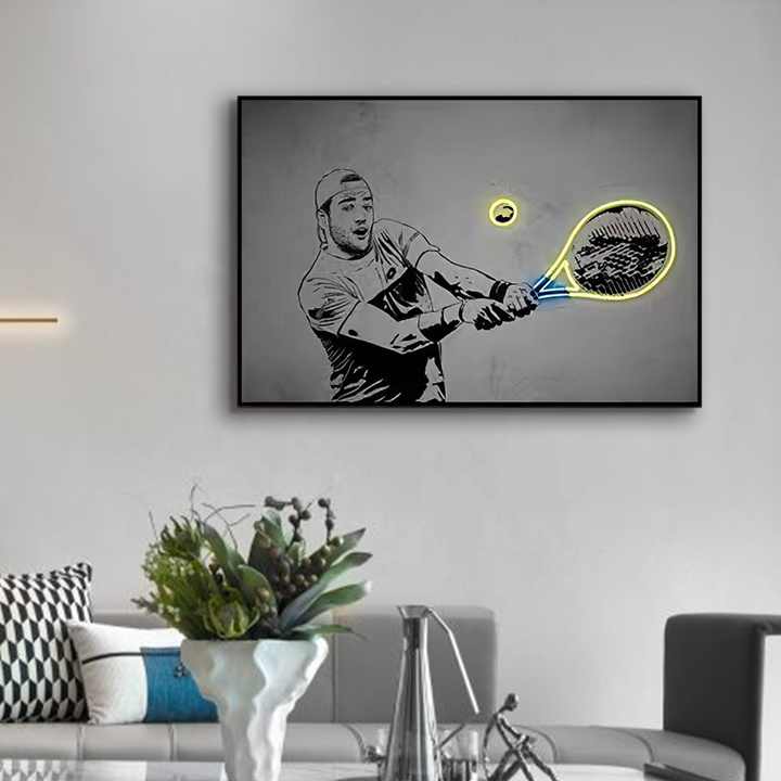 JZ Home Decor 3D Light Artwork Poster Glowing Tennis Player Painting LED Light Canvas Wall Art 