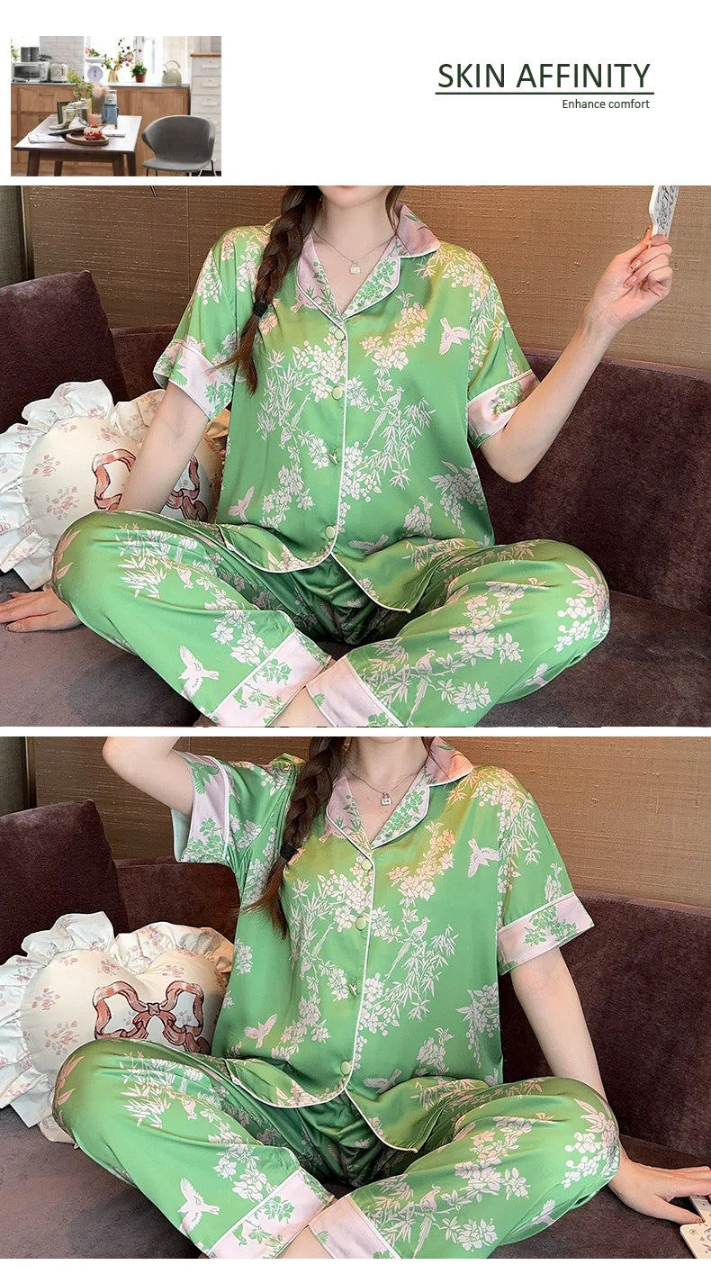 Bộ Đồ Ngủ Lụa Nhân Tạo Mùa Xuân Hè Thanh Lịch