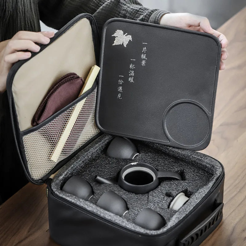 Japanese Style Travel Ceramic Tea Set with Carrying Bag