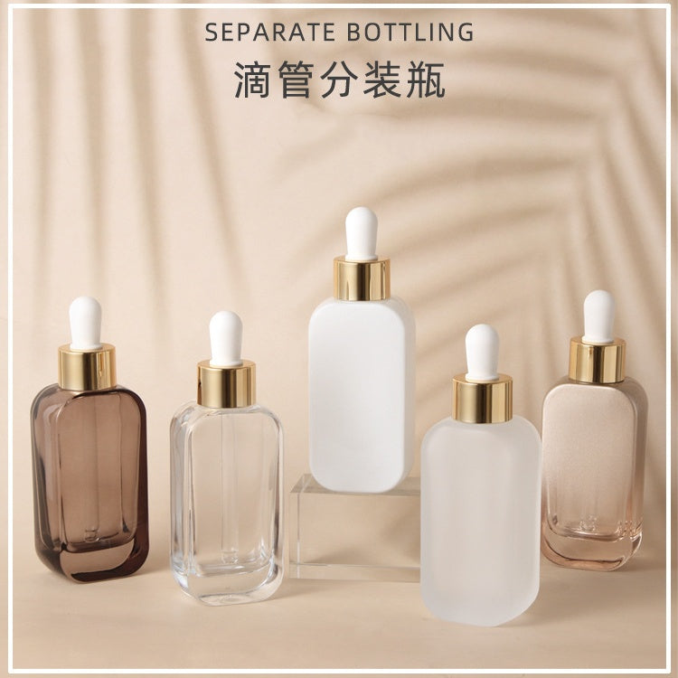 50ml luxury flat glass bottle, rounded corner plastic cap, dropper, used for Skin Cream, Perfume, Essential Oil, packaged with box 