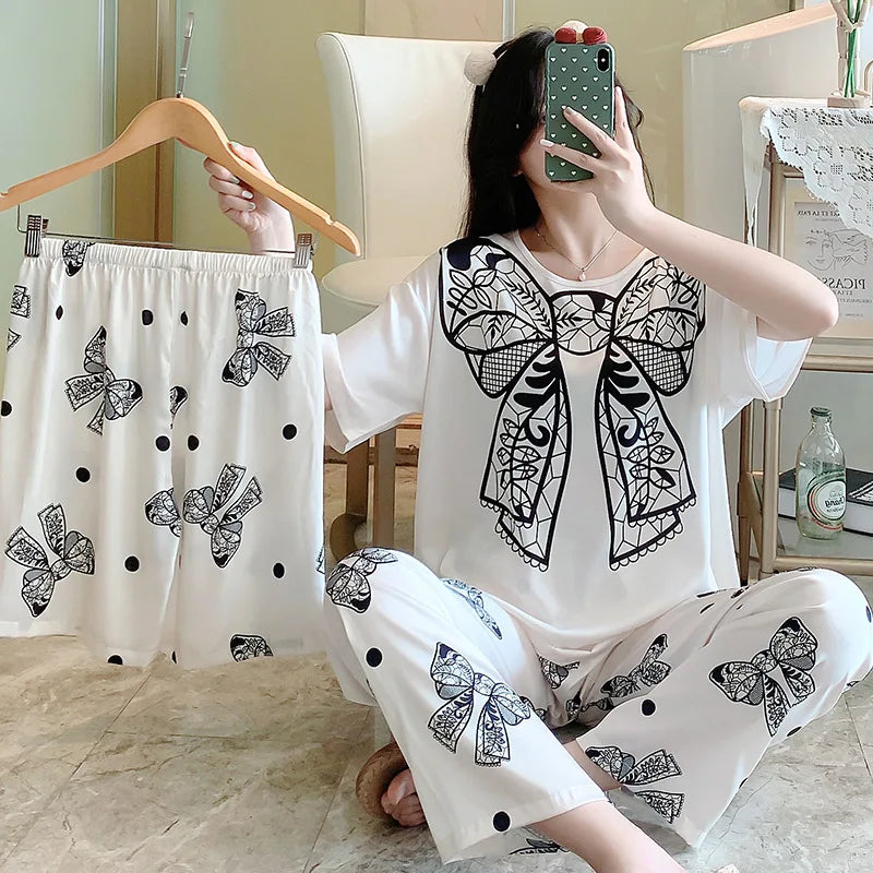 3-Piece Cool Silk Pajamas Set for Women with Cute Patterns