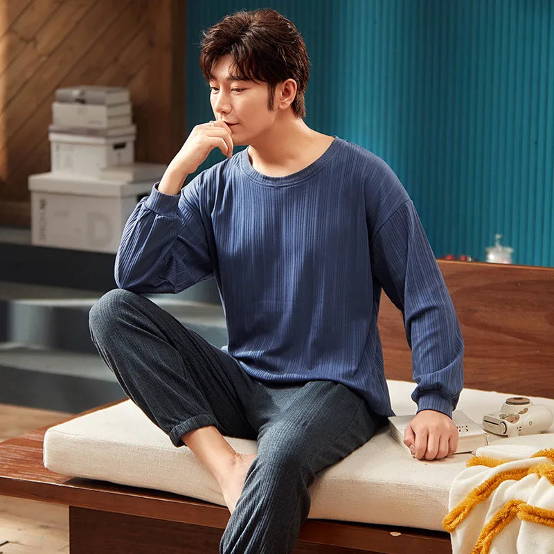 Men's Autumn Winter Cartoon Warm Striped Pajama Set