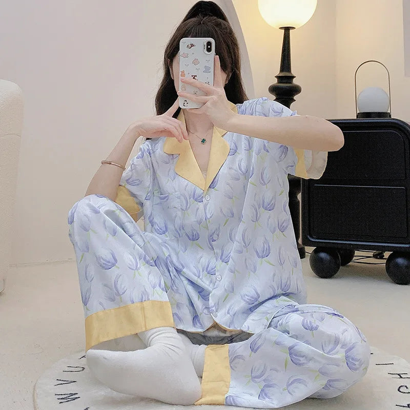 SAMWESTART Women's Pajamas Set Cool Silk High Quality Newspaper Print