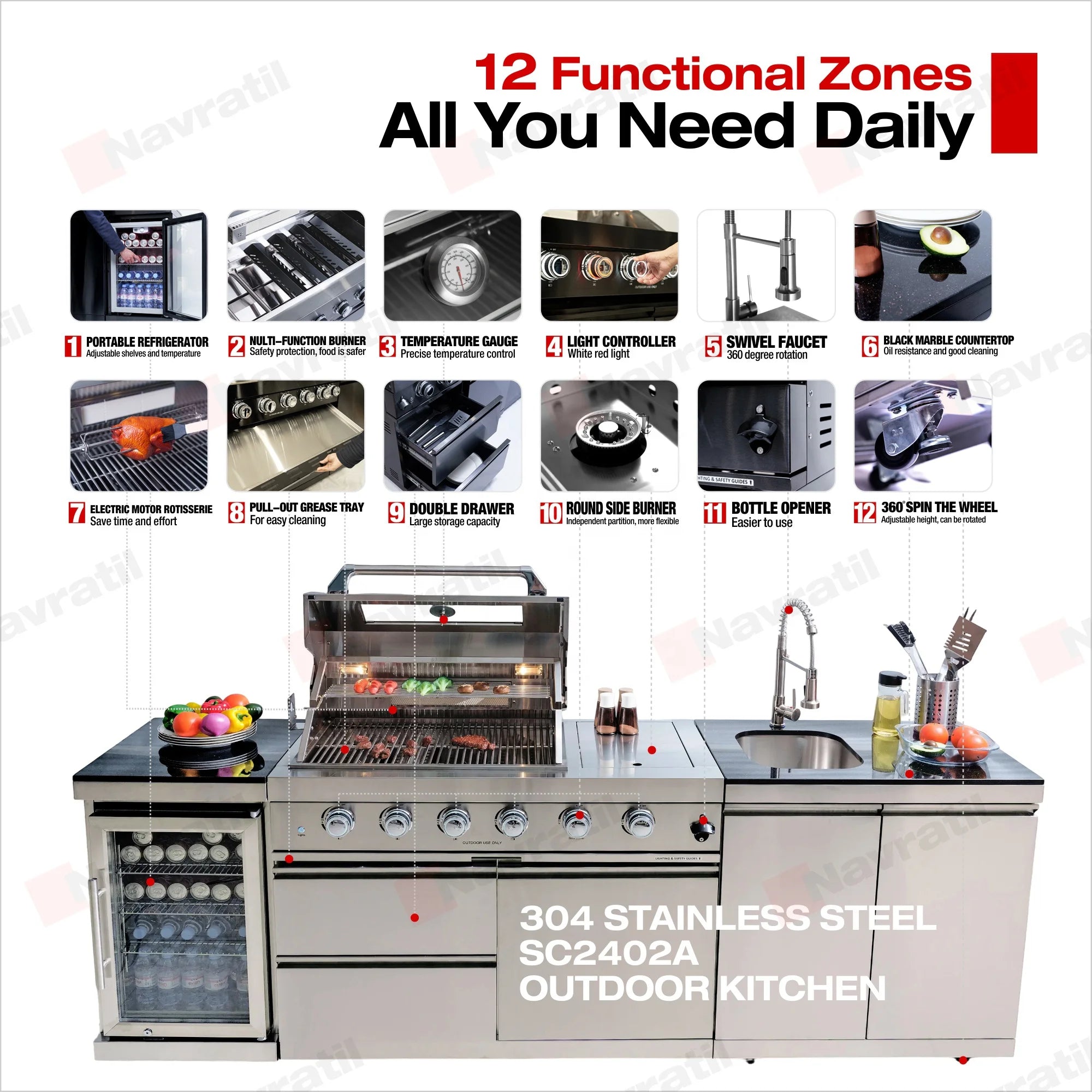 High-Quality 304 Stainless Steel Outdoor Kitchen Cabinet with Sink and Refrigerator