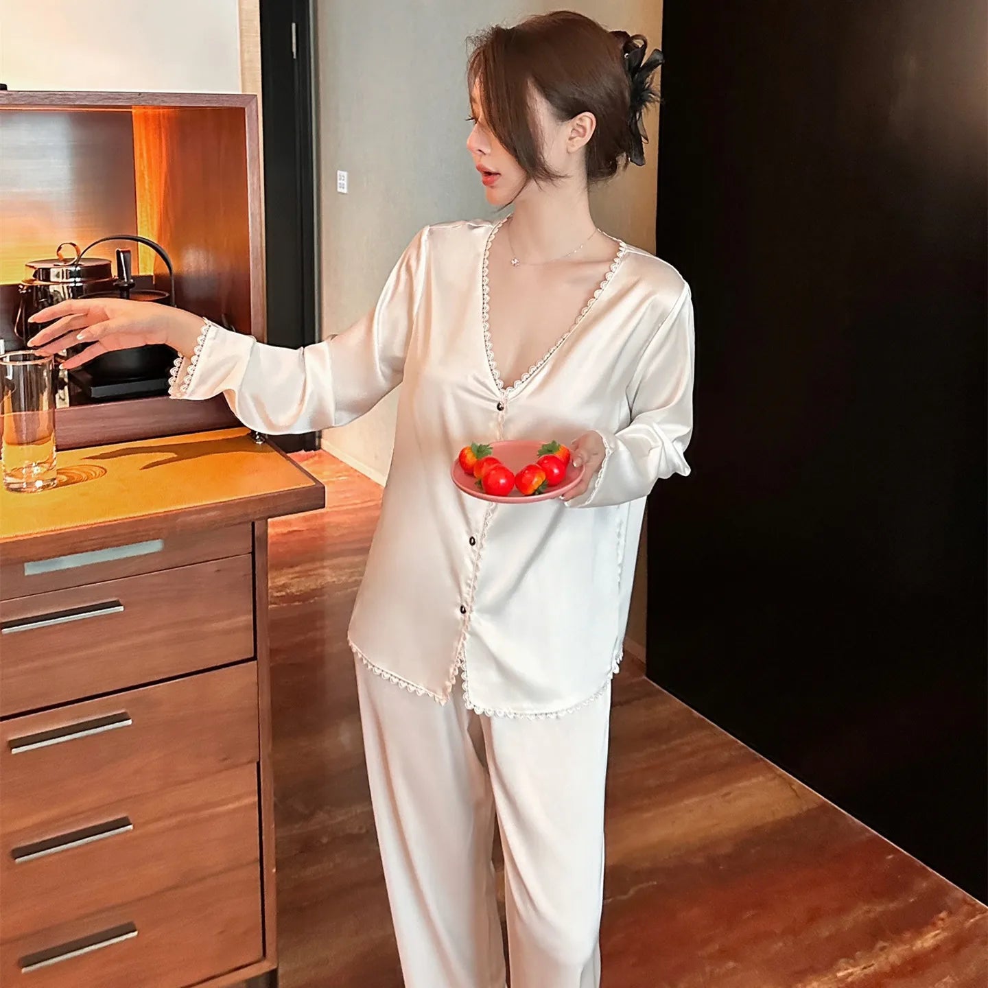 Women's Satin Silk Pajamas Set with Sexy V-Neck Long Sleeves