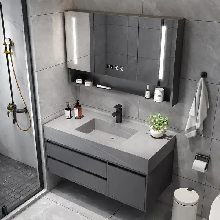 Modern Hotel Gray Wall Mounted Bathroom Vanity Cabinet Solid Wood Floating Marble Bathroom Vanity Cabinet Set 