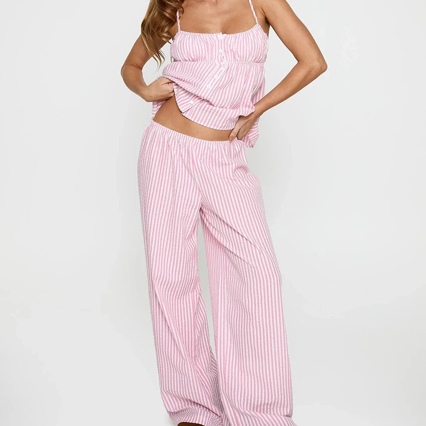 QINSI Women's Cute Sleeveless Ruffle Striped Pajamas Set